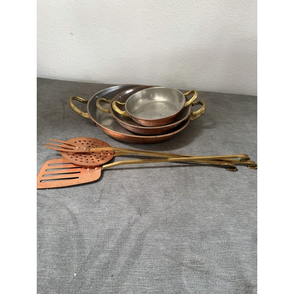 Vintage Copper Cookware, 6 Pieces, Made In Portugal 3 Pans 3 Utensils